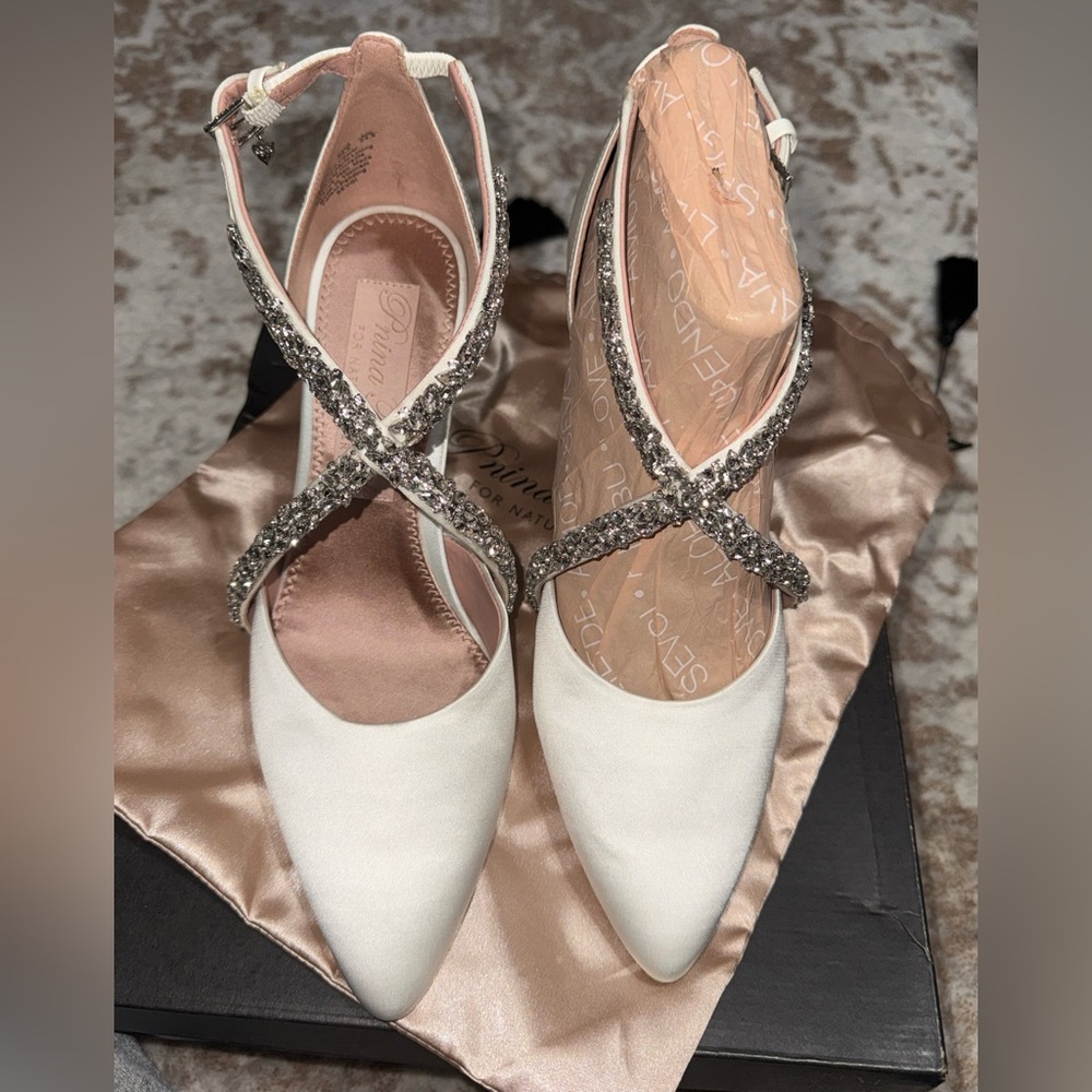 Pnina Tornai White Satin Bridal Heels with Silver Rhinestone Straps
